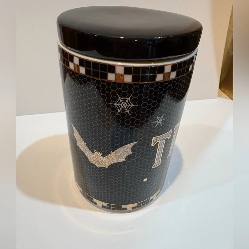 Anthropologie Medium Canister Black and White Bistro Halloween Treat Jar - Picture 4 of 9